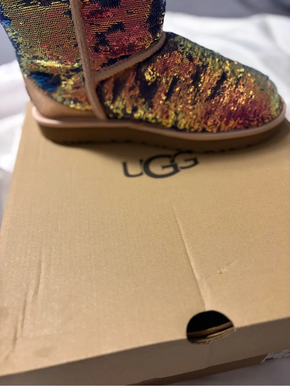 UGG Iridescent Sequin Mid-Calf Boots in Blue and Gold